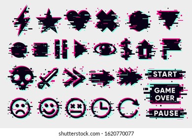 Glitch icons set. Interface navigation elements with glitchy effect. Vector signs collection on white background. Game design elements. svg