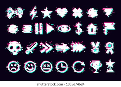 Glitch icons set. Interface navigation elements with glitchy effect. Game design elements. Vector signs collection on white background.