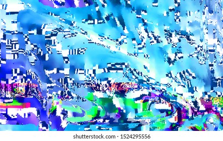 Glitch image of digital noise texture. Damaged VHS pixel screen. Background of distorted television signal. Wallpaper error playing video file. Vector illustration.