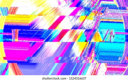 Glitch image of digital noise texture. Damaged VHS pixel screen. Background of distorted television signal. Wallpaper error playing video file. Vector illustration.