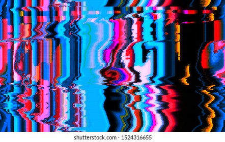 Glitch image of digital noise texture. Damaged VHS pixel screen. Background of distorted television signal. Wallpaper error playing video file. Vector illustration.