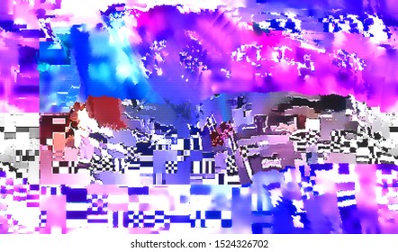 Glitch image of digital noise texture. Damaged VHS pixel screen. Background of distorted television signal. Wallpaper error playing video file. Vector illustration.