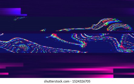 Glitch image of digital noise texture. Damaged VHS pixel screen. Background of distorted television signal. Wallpaper error playing video file. Vector illustration.