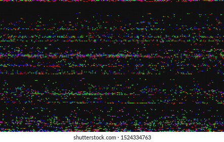 Glitch image of digital noise texture. Damaged VHS pixel screen. Background of distorted television signal. Wallpaper error playing video file. Vector illustration.