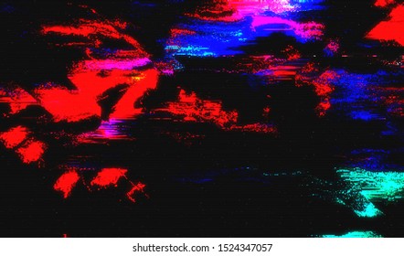 Glitch image of digital noise texture. Damaged VHS pixel screen. Background of distorted television signal. Wallpaper error playing video file. Vector illustration.