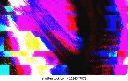 Glitch image of digital noise texture. Damaged VHS pixel screen. Background of distorted television signal. Wallpaper error playing video file. Vector illustration.