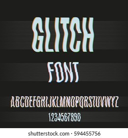 Glitch letters and numbers. Corrupted image vector file.  Digital decay. Glitch in image processing. Television Screen Digital Effect Alphabet. Vector 10 EPS. 