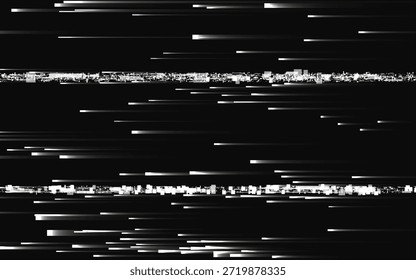Glitzerne helle Linien auf dunklem Hintergrund. Verzerrter zufälliger Rauscheffekt. Videovorlage beschädigt. Wiedergabefehler mit weißen Verzerrungen. Überlagerungsstruktur für TV-Probleme. Vektorgrafik.