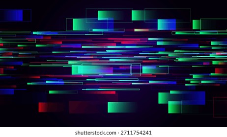 Fondo de líneas Glitch con efecto digital futurista, perfecto para juegos, tecnología o Diseños Cyberpunk. Movimiento Abstractas de alta velocidad en Colores de neón. Ilustración vectorial.