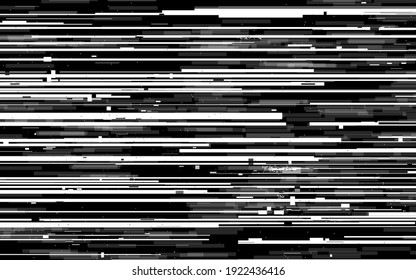 Glitch lines texture. VHS analog distortion. White and black horizontal lines. Analog tv stripes. Grunge wallpaper with broken signal. Dynamic video contrast. Vector illustration.