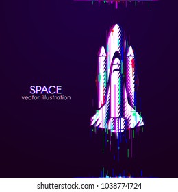 Glitch logo of shuttle white. Anaglyph space logo. Cosmos sign on dark background. White object with anaglyph color effect. Vector illustration.