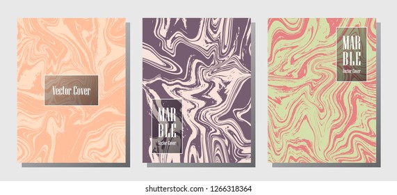 Glitch marble prints, vector cover design templates. Fluid marble stone texture iInteriors fashion magazine backgrounds  Corporate journal patterns set of liquid clay waves. Flyers, banners set.