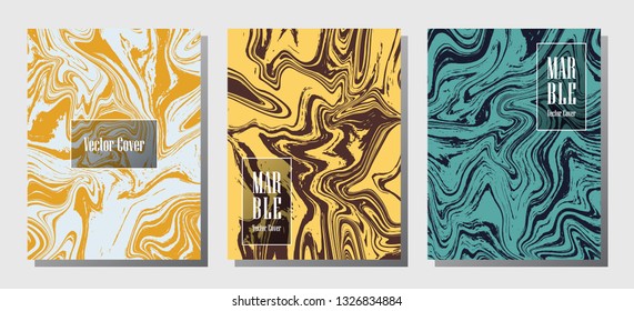 Glitch marble prints, vector cover design templates. Fluid marble stone texture iInteriors fashion magazine backgrounds  Corporate journal patterns set of liquid clay waves. Report covers.