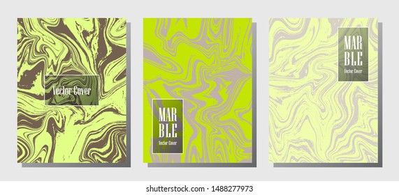 Glitch marble prints, vector cover design templates. Fluid marble stone texture iInteriors fashion magazine backgrounds. Corporate journal patterns set of liquid ink waves. Flyers, banners set.