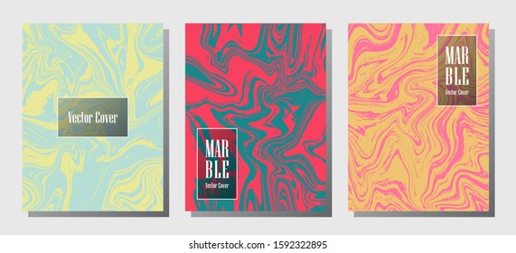Glitch marble prints, vector cover design templates. Fluid marble stone texture iInteriors fashion magazine backgrounds  Corporate journal patterns set of liquid paint waves. Report covers.