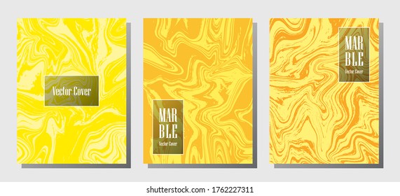 Glitch marble prints, vector cover design templates. Fluid marble stone texture iInteriors fashion magazine backgrounds  Corporate journal patterns set of liquid ink waves. Notebook prints set.
