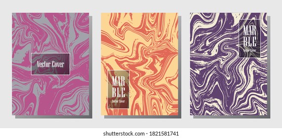 Impresiones de mármol brillante, plantillas de diseño de portada vectorial. Textura de piedra de mármol fluido iInteriors fondo de la revista de moda Patrones de revistas corporativos conjunto de ondas de aceite líquido. Volantes, pancartas puestas.