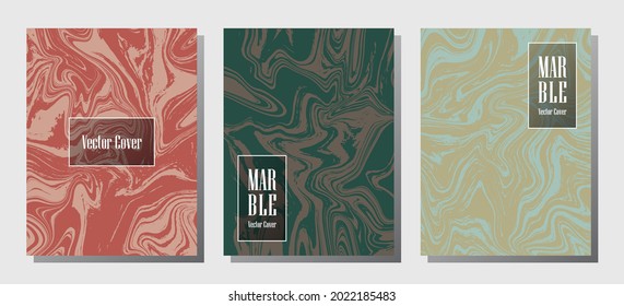 Glitch marble prints, vector cover design templates. Fluid marble stone texture iInteriors fashion magazine backgrounds  Corporate journal patterns set of liquid paint waves. Report covers.