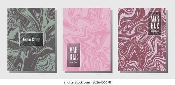 Impresiones de mármol brillante, plantillas de diseño de portada vectorial. Textura de piedra de mármol fluido iInteriors fondo de la revista de moda Patrones de revistas corporativos conjunto de ondas de aceite líquido. Cuadros del informe.