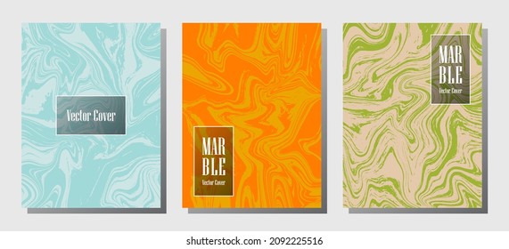 Glitch marble prints, vector cover design templates. Fluid marble stone texture iInteriors fashion magazine backgrounds  Corporate journal patterns set of liquid oil waves. Flyers, banners set.