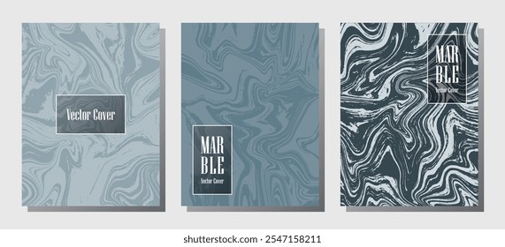 Glitch marble prints, vector cover design templates. Fluid marble stone texture iInteriors fashion magazine backgrounds  Corporate journal patterns set of liquid paint waves. Notebook prints set.