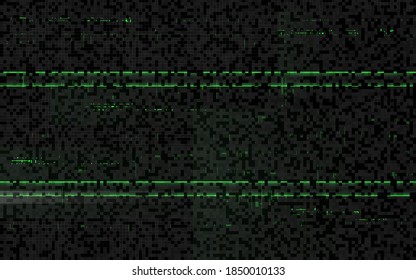 Glitch Matrix-Effekt. Grüne digitale Verzerrung. Horizontale Linien auf schwarzem Hintergrund. Keine Signalstruktur. Video-Retwind-Vorlage. Zufällige abstrakte Elemente. Vektorgrafik.