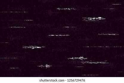 Glitch minimale Vorlage. Retro VHS Hintergrund. Abstrakter Lärm mit glitzernden Linien. Weiße Verzerrungen auf schwarzem Hintergrund. Kein Signalkonzept. Altes Videoband. Video-Recorder-Pause. Vektorgrafik.