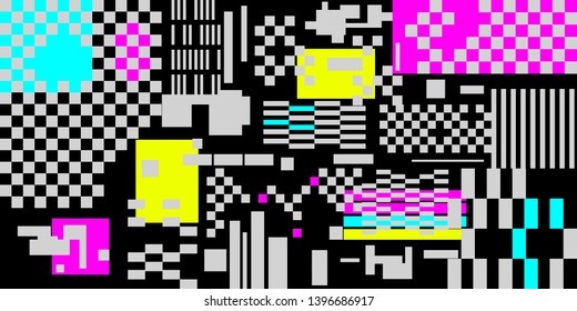 Glitch modern banner. Background with broken pixels and bug, error signal. Vector illustration