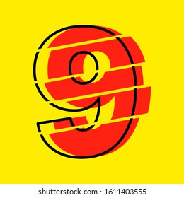 Glitch Modern Red 9 Number Design Vector Illustration. Numeral Vector Trendy Flat Line Style. Vector Elements Illustration Template for Web Design or Greeting Card.