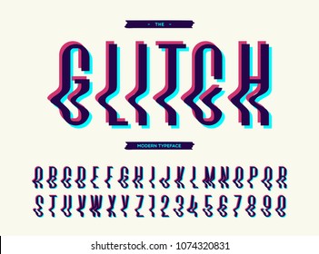 Glitch modern typeface sans serif font. Alphabet trendy typography colorful style for party poster, printing on fabric, t shirt, promotion, decoration, stamp, label, offer. Vector Illustration 10 eps