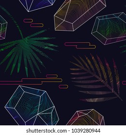Glitch moire tropical seanless pattern. Vector warped lines colorful background. Vaporwave synthwave style. Twisted stripes optical illusion.