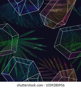 Glitch moire tropical seanless pattern. Vector warped lines colorful background. Vaporwave synthwave style. Twisted stripes optical illusion.