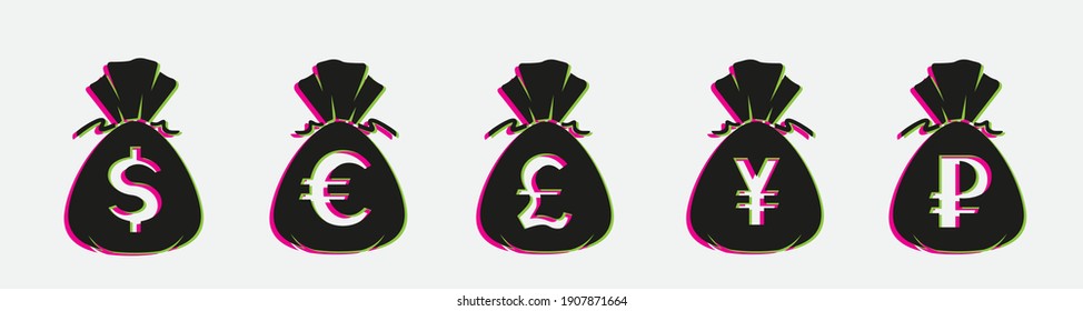 Glitch money pay sign symbol set on gray background. Dollar euro yuan pound money bag sticker