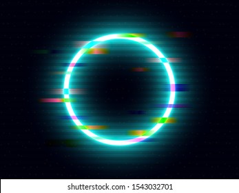 Glitch neon circle with color distortions. Illuminated round element. Futuristic bright ring with geometric shapes. Glitched circle with VHS retro effect. Vector illustration.