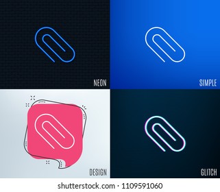 Glitch, Neon effect. Attach line icon. Attachment paper clip sign. Office stationery object symbol. Trendy flat geometric designs. Vector