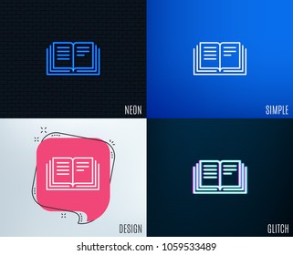 Glitch, Neon effect. Book line icon. Education symbol. Instruction or E-learning sign. Trendy flat geometric designs. Vector