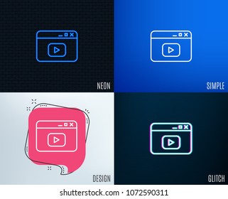 Glitch, Neon effect. Browser Window line icon. Video content sign. Internet page symbol. Trendy flat geometric designs. Vector