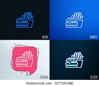 Glitch, Neon effect. Burger with fries line icon. Fast food restaurant sign. Hamburger or cheeseburger symbol. Trendy flat geometric designs. Vector