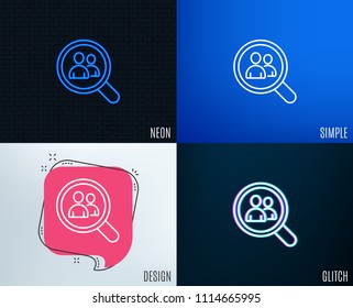 Glitch, Neon effect. Business recruitment line icon. Search employees sign. Magnifying glass symbol. Trendy flat geometric designs. Vector