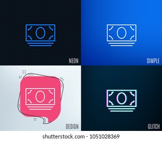 Glitch, Neon effect. Cash money line icon. Banking currency sign. ATM service symbol. Trendy flat geometric designs. Vector