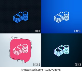 Glitch, Neon effect. Cash money line icon. Banking currency sign. Dollar or USD symbol. Trendy flat geometric designs. Vector