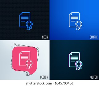 Glitch, Neon effect. Certificate Medal line icon. Diploma achievement symbol. Document with approved badge sign. Trendy flat geometric designs. Vector