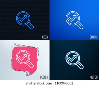 Glitch, Neon effect. Chart line icon. Report graph or Sales growth sign in Magnifying glass. Analysis and Statistics data symbol. Trendy flat geometric designs. Vector