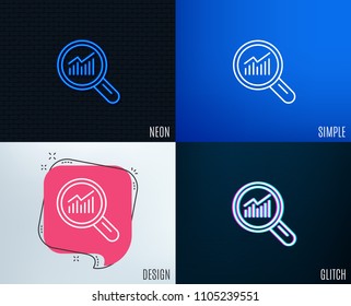 Glitch, Neon effect. Chart line icon. Report graph or Sales growth sign in Magnifying glass. Analysis and Statistics data symbol. Trendy flat geometric designs. Vector