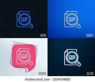 Glitch, Neon effect. Check article line icon. Ð¡opyright sign. Magnifying glass symbol. Trendy flat geometric designs. Vector
