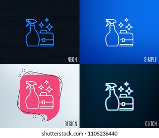 Glitch, Neon effect. Cleaning spray line icon. Washing liquid or Cleanser symbol. Housekeeping service sign. Trendy flat geometric designs. Vector