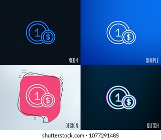 Glitch, Neon effect. Coins line icon. Money sign. Dollar currency symbol. Cash payment method. Trendy flat geometric designs. Vector