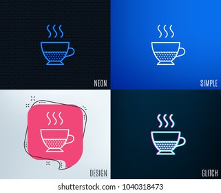 Glitch, Neon effect. Doppio coffee icon. Hot drink sign. Beverage symbol. Trendy flat geometric designs. Vector