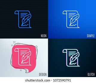 Glitch, Neon effect. Feather signature line icon. Copywriting sign. Feedback symbol. Trendy flat geometric designs. Vector
