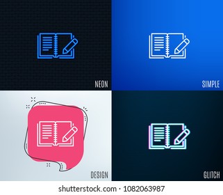Glitch, Neon effect. Feedback line icon. Book with pencil sign. Copywriting symbol. Trendy flat geometric designs. Vector